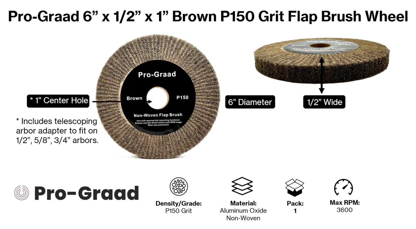 6” x 1/2” Brown P150 Cut & Polish Non-Woven Bench Grinder Polishing Burnishing Satin Finishing Flap Brush Wheel, Aluminum Copper Metal Golf Club Refurb, Compatible for 1/2”, 5/8”, 3/4" Arbor