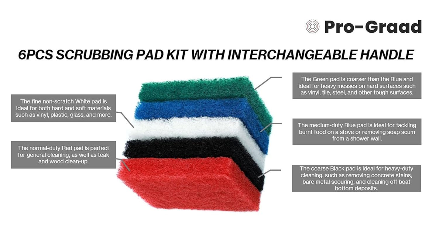 Pro-Graad 6pcs Scrubbing Pad Kit Interchangeable Reusable Handle | 5 Different Scrubbing & Scouring Pads: Red, White, Blue, Green, Black | for Bathroom, Kitchen, Grill, Teak, Boat Hull Bottom Cleaning