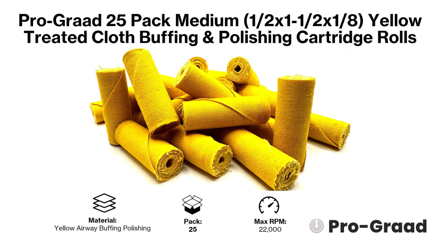Pro-Graad 25 Pack 1/2x1-1/2x1/8 Yellow Treated Cloth Buffing & Polishing Cartridge Rolls, Ideal for Detail Polishing Hard to Reach Areas