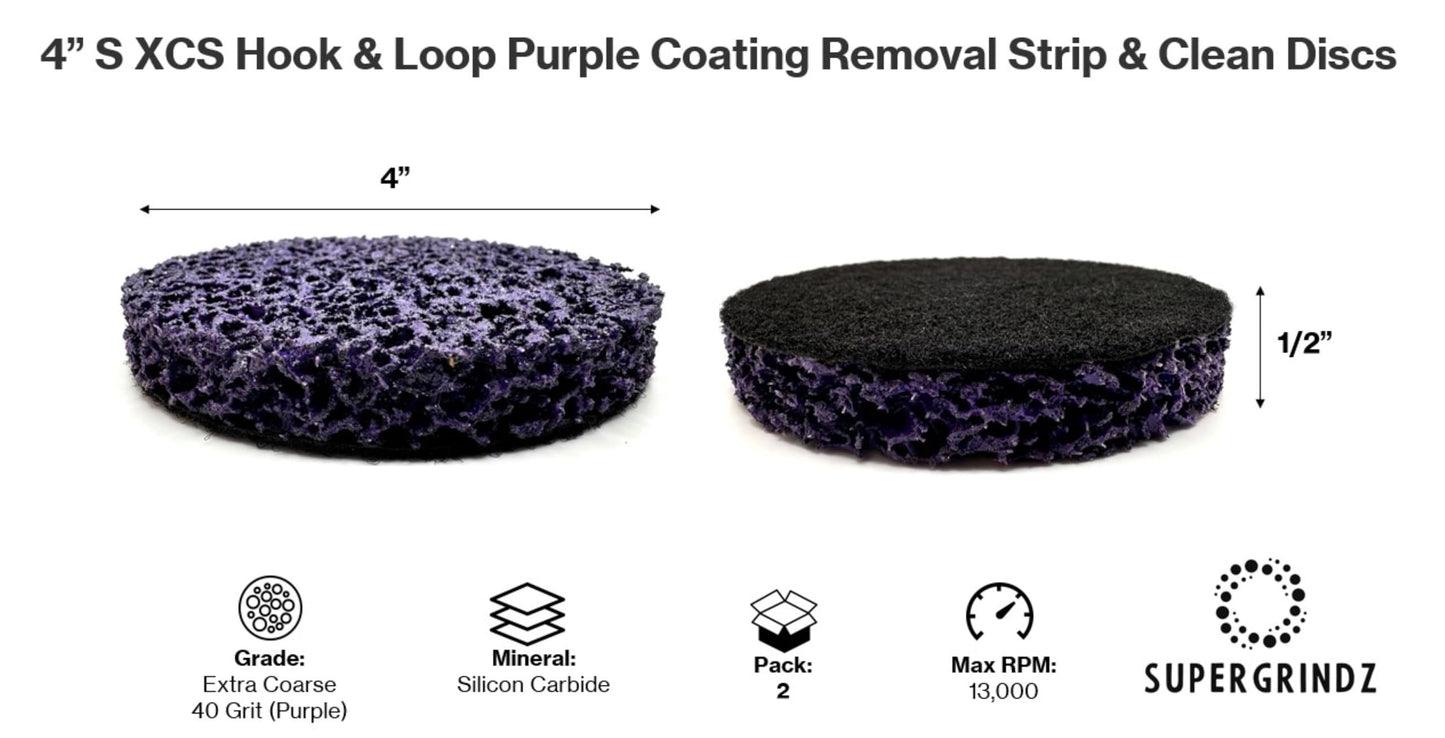 SuperGrindz 2 Pack 4” Diameter S XCS Hook & Loop Purple Coating Removal Disc, Silicon Carbide Extra Coarse Purple Clean & Strip Material, Strips Paint Coatings Rust, Cleans Welds, Pack of 2