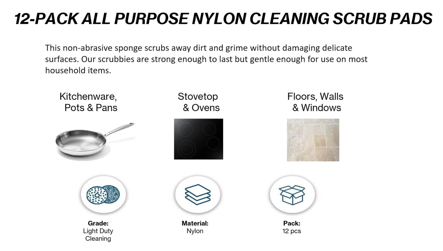 MinnYaso 12 Pack All-Purpose Nylon Cleaning Scrub Pads - Non-Scratch Dishwashing Sponges for Kitchen and Bathroom Cleaning - Premium Reusable Scrubbers
