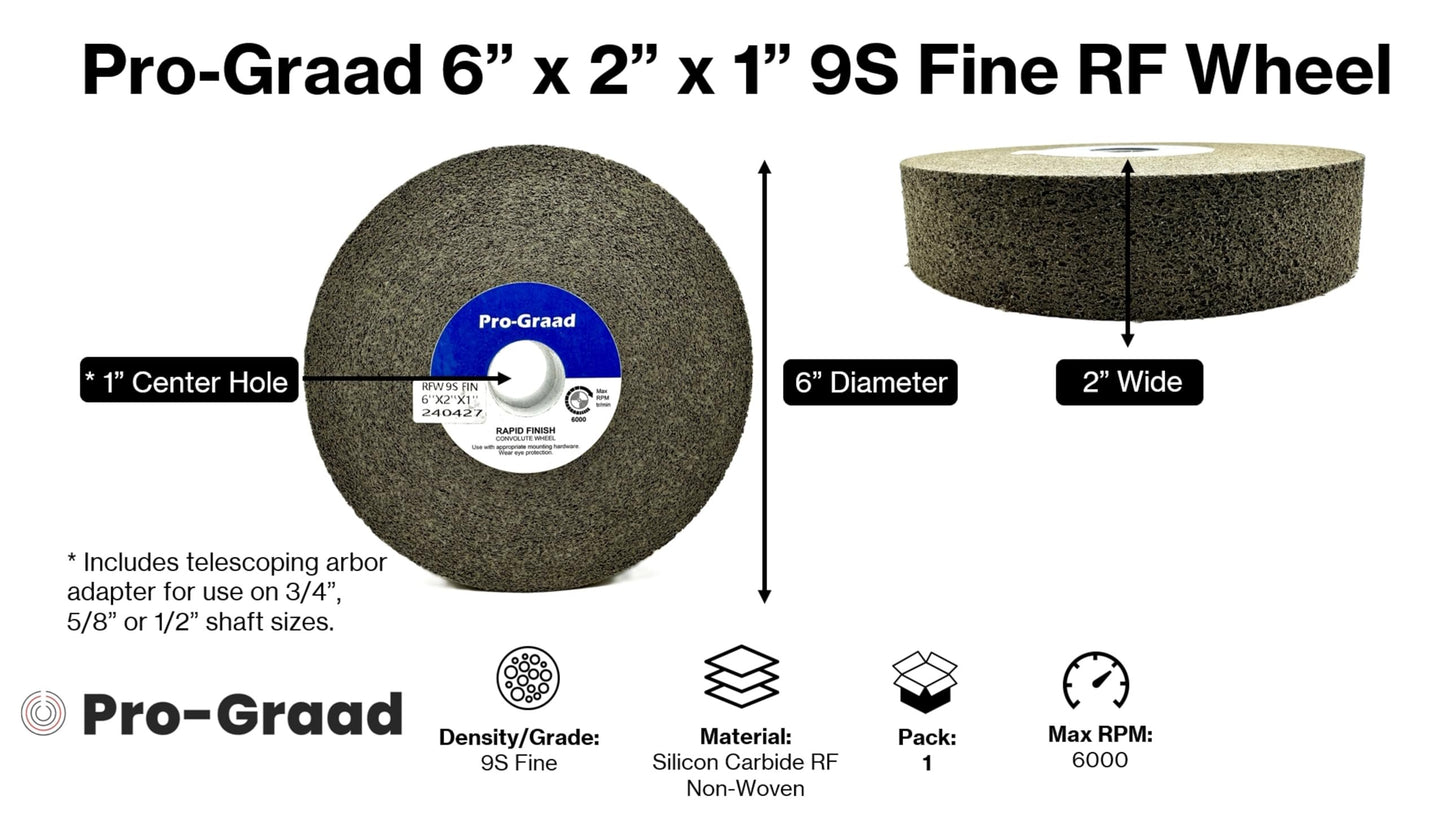 Pro-Graad 1 Pack 6” x 2” x 1” 9S Fine Series 1000 RF Long Life Convolute Deburring, Finishing & Polishing Wheel, Includes Adapter for use on 3/4 5/8 1/2 Shaft Sizes, Pack of 1