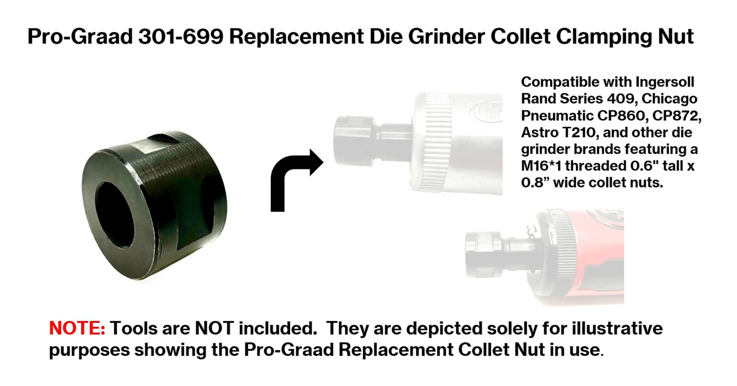 Pro-Graad 308A-699 Replacement Die Grinder Collet Clamping Nut Compatible with IR409, CP860, CP872, T210 and others with 0.6” Tall x 0.8” wide x M16*1 Threaded Collet Nut Cap