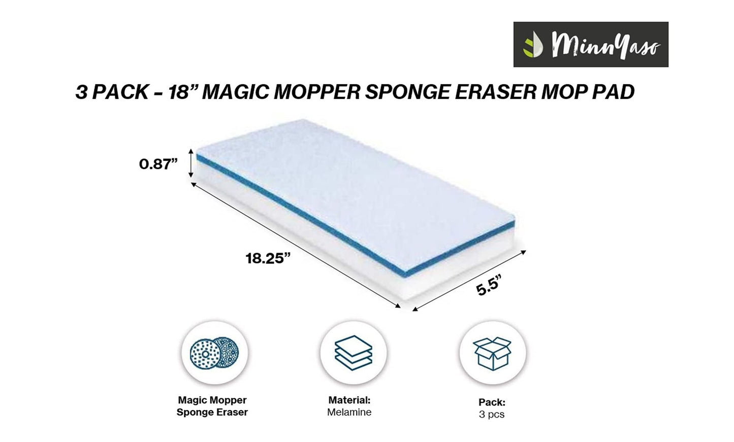 MinnYaso Magic Mopper Sponge Eraser Mop Pad | Compatible with Bona and 18" Wet Mops | 18-inch Magic Sponge Eraser Pad Refill | 3 Pack