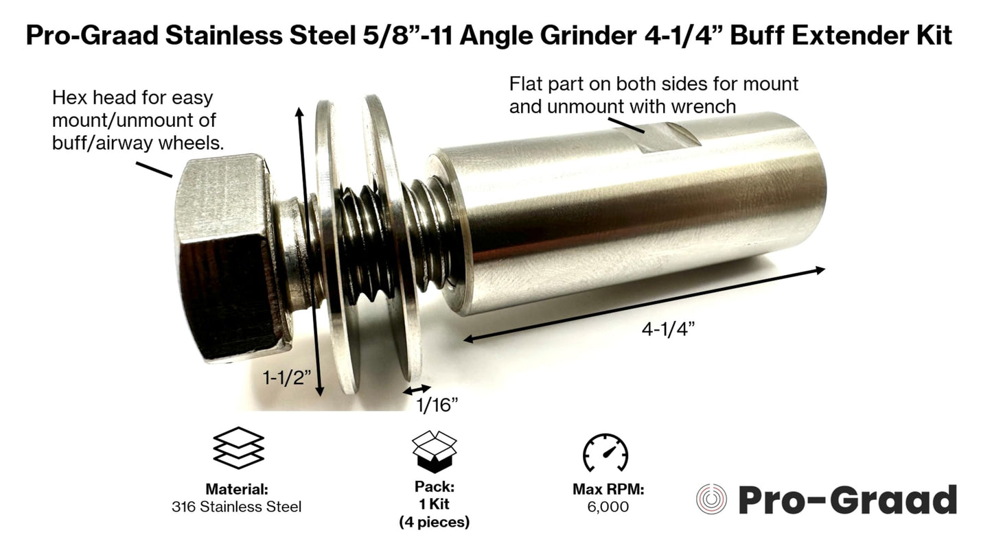Pro-Graad Stainless Steel 5/8”-11 Angle Grinder Buff Extender Kit, Airway Buffing Polishing Wheel 4-1/4” Extension Shaft, Threaded Arbor Extension Adapter, for Angle Grinders