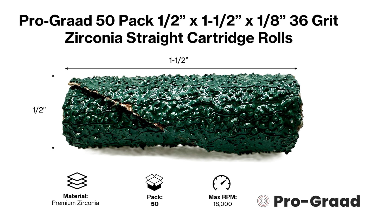 Pro-Graad 1/2” Diameter x 1-1/2” Length x 1/8” Pilot Hole 36 Grit Zirconia Straight/Untapered Cartridge Roll, 50 Pack, Includes 1x CR-9 Mandrel