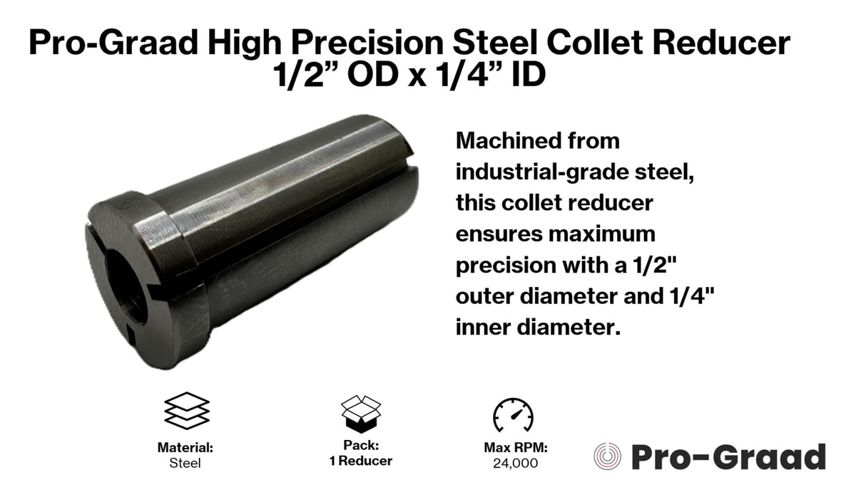 Pro-Graad High Precision Steel Router Collet Reducer, 1/2" OD x 1/4" ID, CNC Router Bit Collet Reduction Sleeve, Industrial-Grade Steel, 1.25" Length for Smooth and Reliable Performance