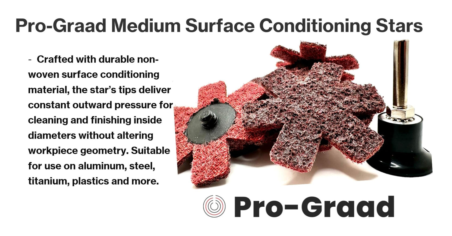 Pro-Graad 10 Pack 3” Medium Quick Change Surface Conditioning Stars, Ideal for Deburring, Polishing, Blending inside of cylinders, pipe, tubing, Excels on Aluminum, Steel, Titanium - Includes Holder
