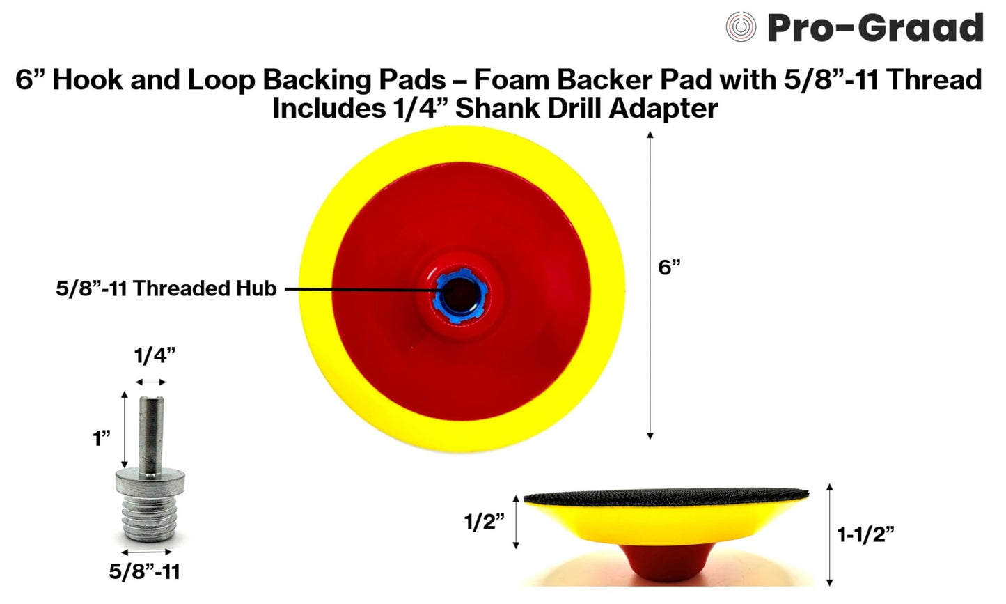 Pro-Graad 6" Premium Hook and Loop Backing Plate for Sanding, Polishing Buffering Pads, Backer Pad with 5/8”-11, 6 inch Backup Pad for Angle Grinder Drill Polisher Buffer – with Drill Adapter