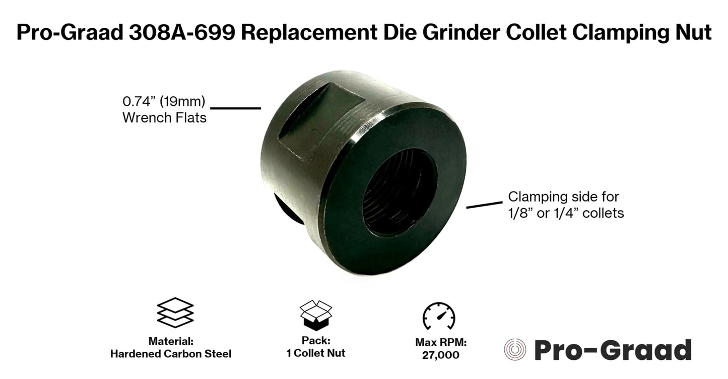Pro-Graad 308A-699 Replacement Die Grinder Collet Clamping Nut Compatible with IR409, CP860, CP872, T210 and others with 0.6” Tall x 0.8” wide x M16*1 Threaded Collet Nut Cap