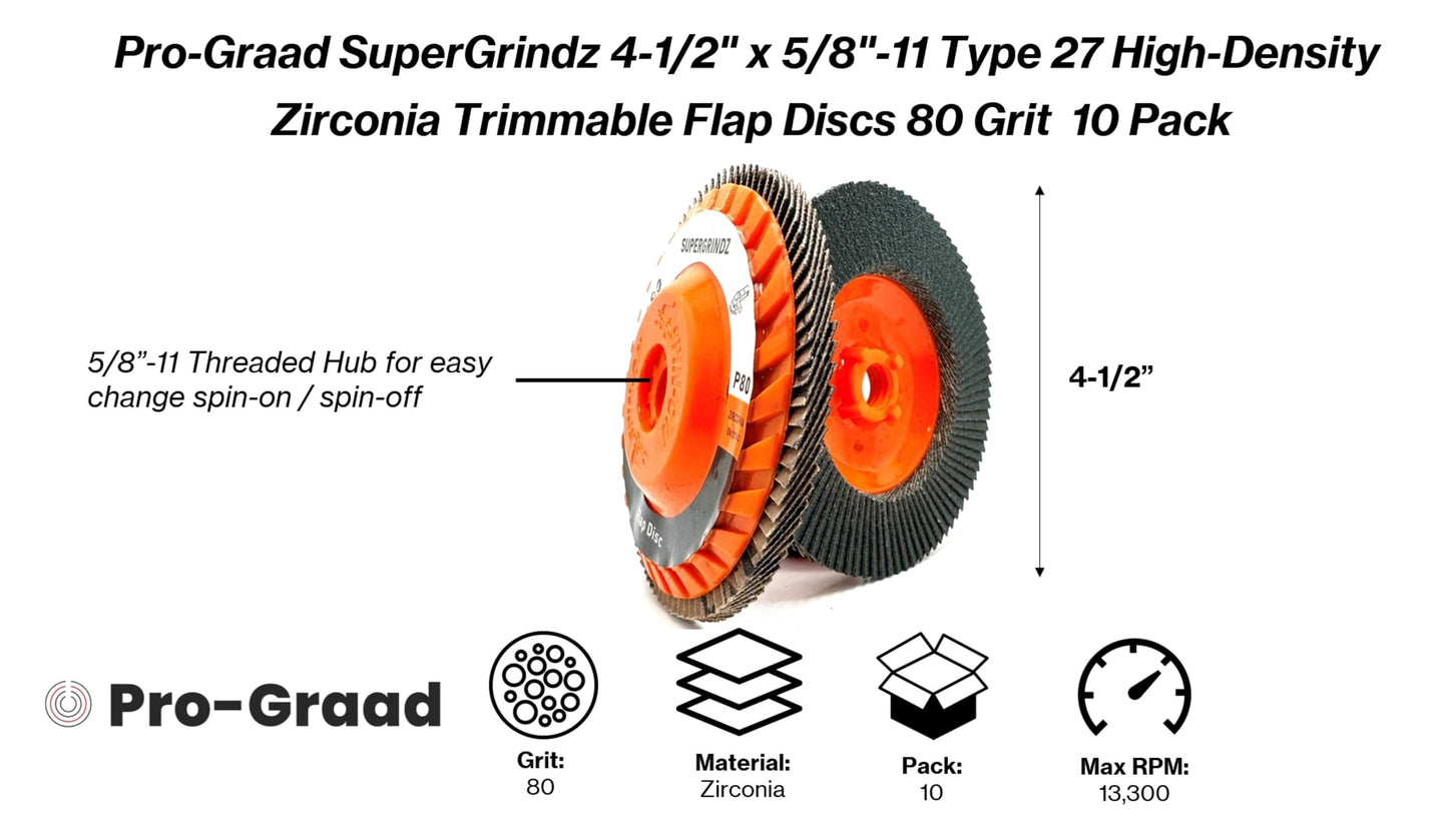 SuperGrindz 10 Pack 4-1/2" x 5/8"-11 80 Grit Type 27 High-Density Zirconia Trimmable Flap Discs for 4.5" & 5" Grinders, 5/8”-11 Fast Change Hub, Sanding, Finishing, Stock & Rust Removal