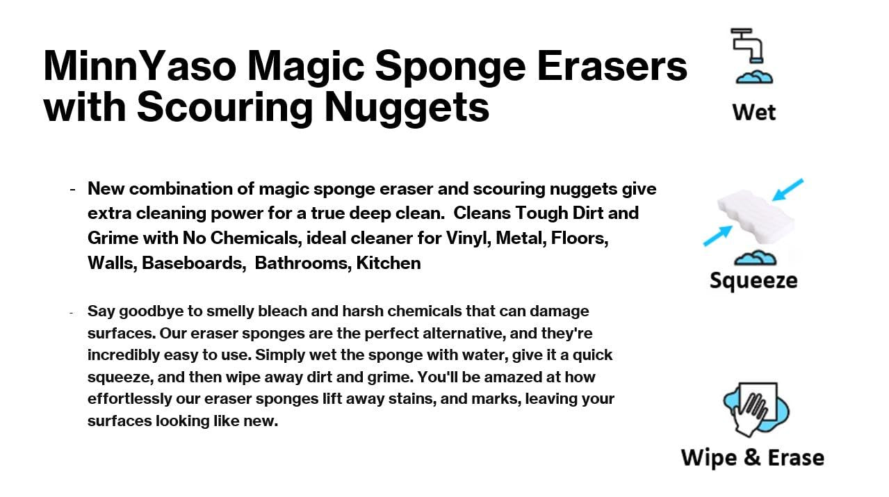 MinnYaso 12 Pack 4.6” x 2.5” x 3/4” Magic Sponge Erasers infused with Scouring Nuggets, 10x Durability vs Traditional Erasers, Advanced Cleaning for Bathroom Kitchen Floors
