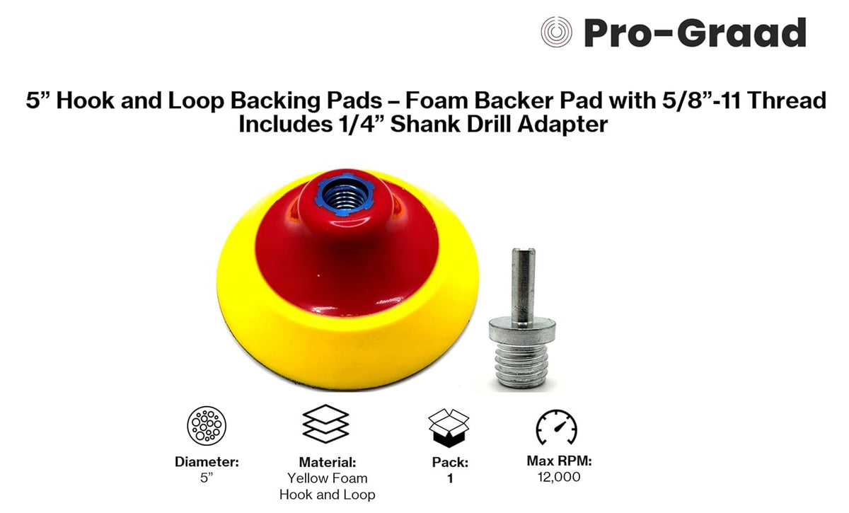 Pro-Graad 5" Premium Hook and Loop Backing Plate for Sanding, Polishing Buffering Pads, Backer Pad with 5/8”-11, 5 inch Backup Pad for Angle Grinder Drill Polisher Buffer – with Drill Adapter