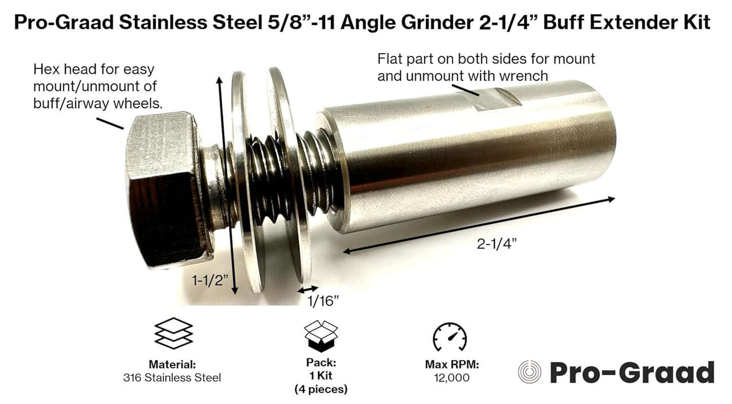Pro-Graad 2-3/4” Stainless Angle Grinder Arbor Extension, 1-1/4” Thread Length, Extra Threads On Power Tools with 5/8”-11 Arbor, Angle Grinder Airway Buff Extender Kit for Buffing & Airway Wheels
