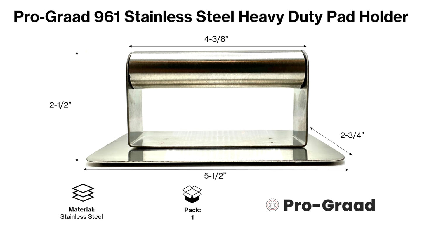 Pro-Graad 961 Heavy Duty Stainless Steel Pad Holder for use with 3-1/2” x 6” Non-Woven Scouring & Cleaning, Griddle Pads, Stainless Steel Handle, Hook and Loop Pad Holder, Pack of 1