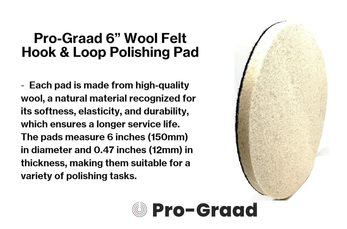 Pro-Graad 6" Wool Polishing Pads, 3pcs Wool Felt Polishing Pad Buffing Wheels Flocking Hook & Loop Backing for Random Orbital Sander, Pack of 3