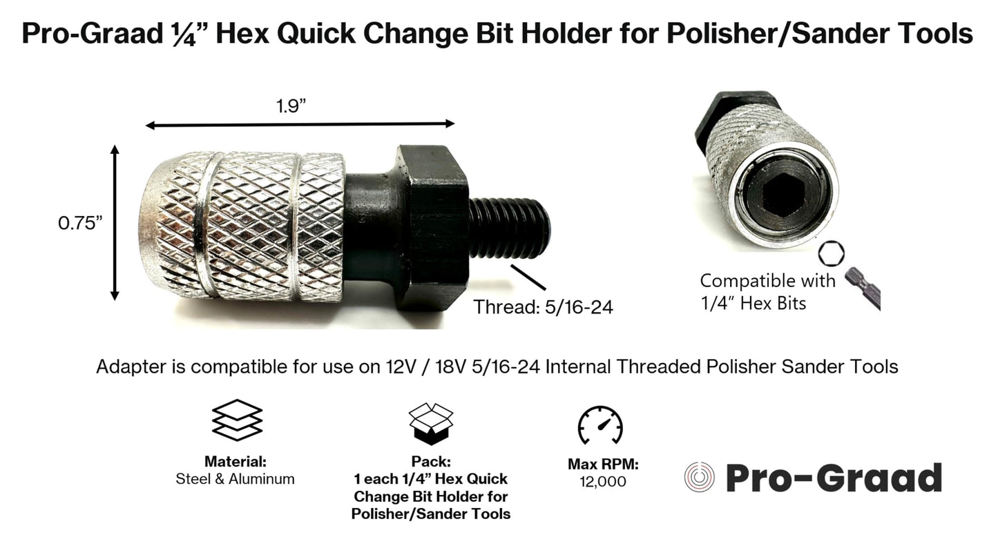 Pro-Graad 1/4” Hex Shank Converter, Quick Change Bit Holder Adapter for 5/16-24 Internal Threaded Polisher Sander Buffer Tools, Upgrade Accessory for SPTA, WORKPRO & Similar 5/16-24 Threaded Tools