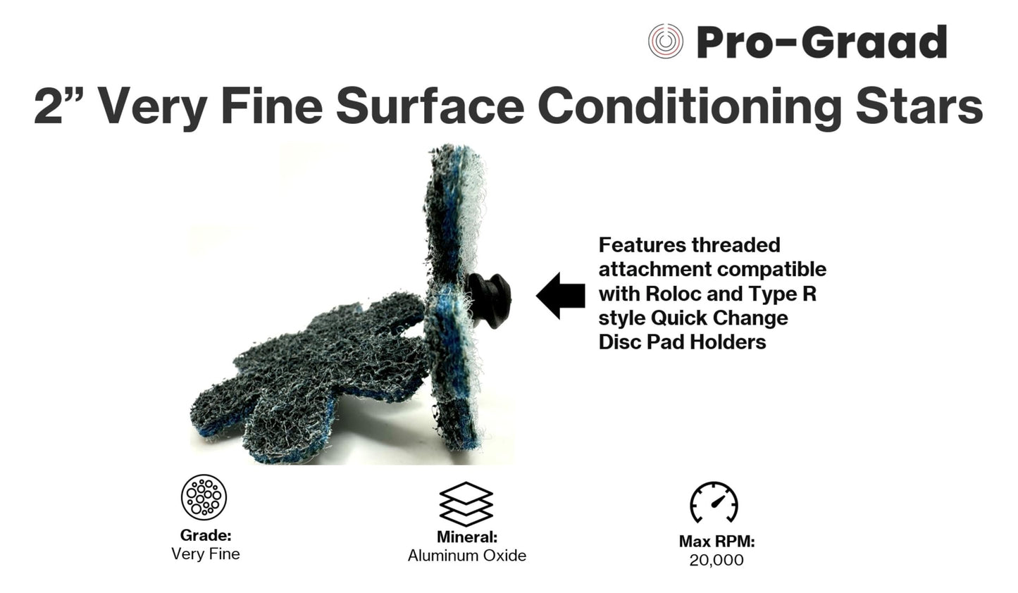 Pro-Graad 10 Pack 2” Very Fine Quick Change Surface Conditioning Stars, Ideal for Deburring, Polishing, Blending inside of cylinders, pipe, tubing, for Aluminum, Steel, Titanium - Includes Holder
