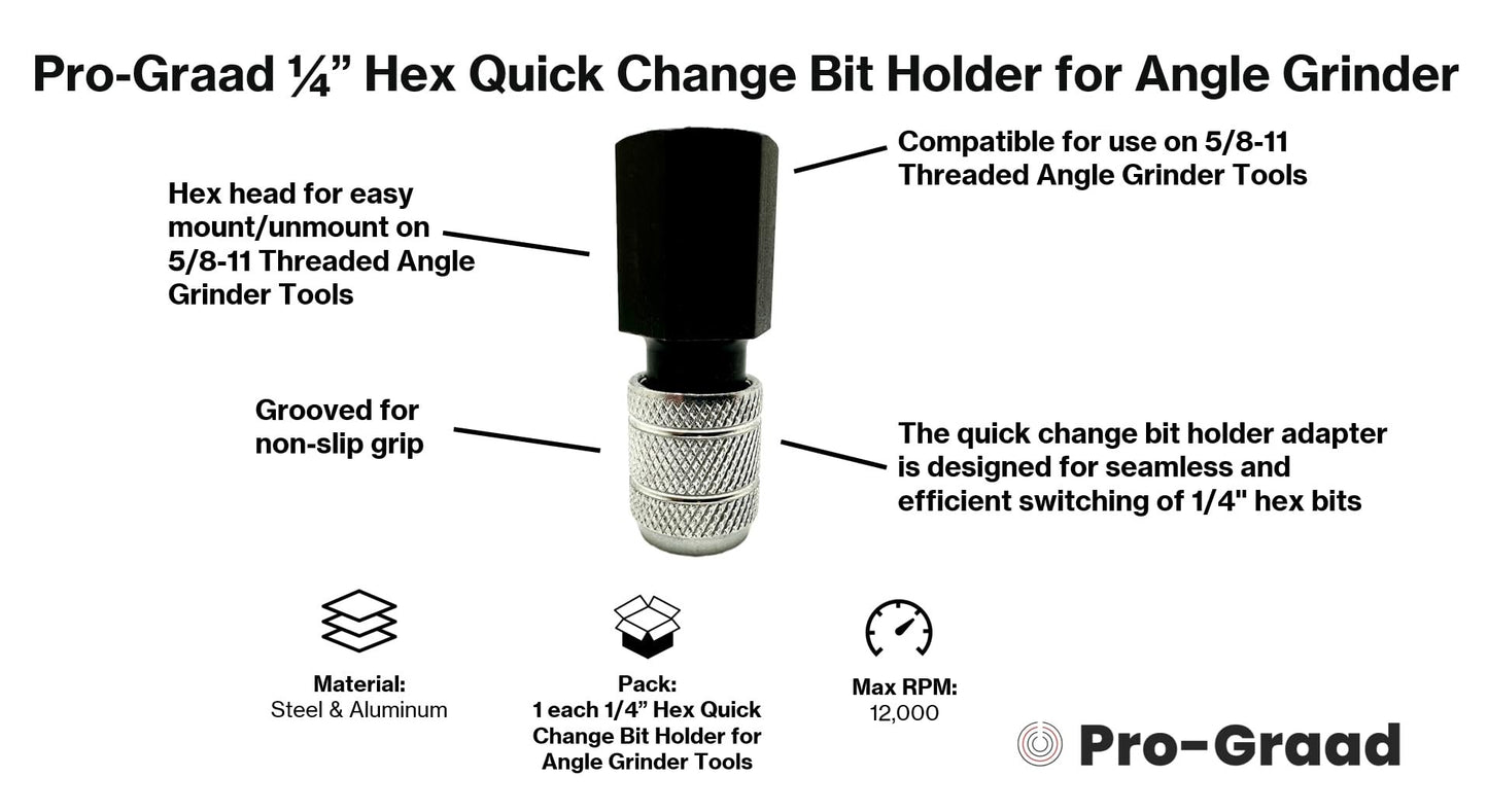 Pro-Graad 1/4” Hex Shank Converter, Quick Change Bit Holder for 5/8-11 Angle Grinders, Upgrade Accessory, Adapter for Mushroom Log Inoculation Hex Drill Bits, Pack of 1