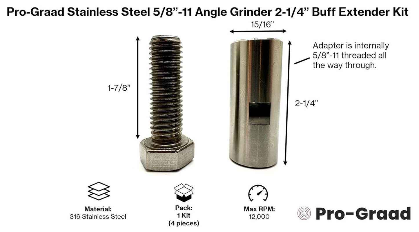 Pro-Graad 2-3/4” Stainless Angle Grinder Arbor Extension, 1-1/4” Thread Length, Extra Threads On Power Tools with 5/8”-11 Arbor, Angle Grinder Airway Buff Extender Kit for Buffing & Airway Wheels