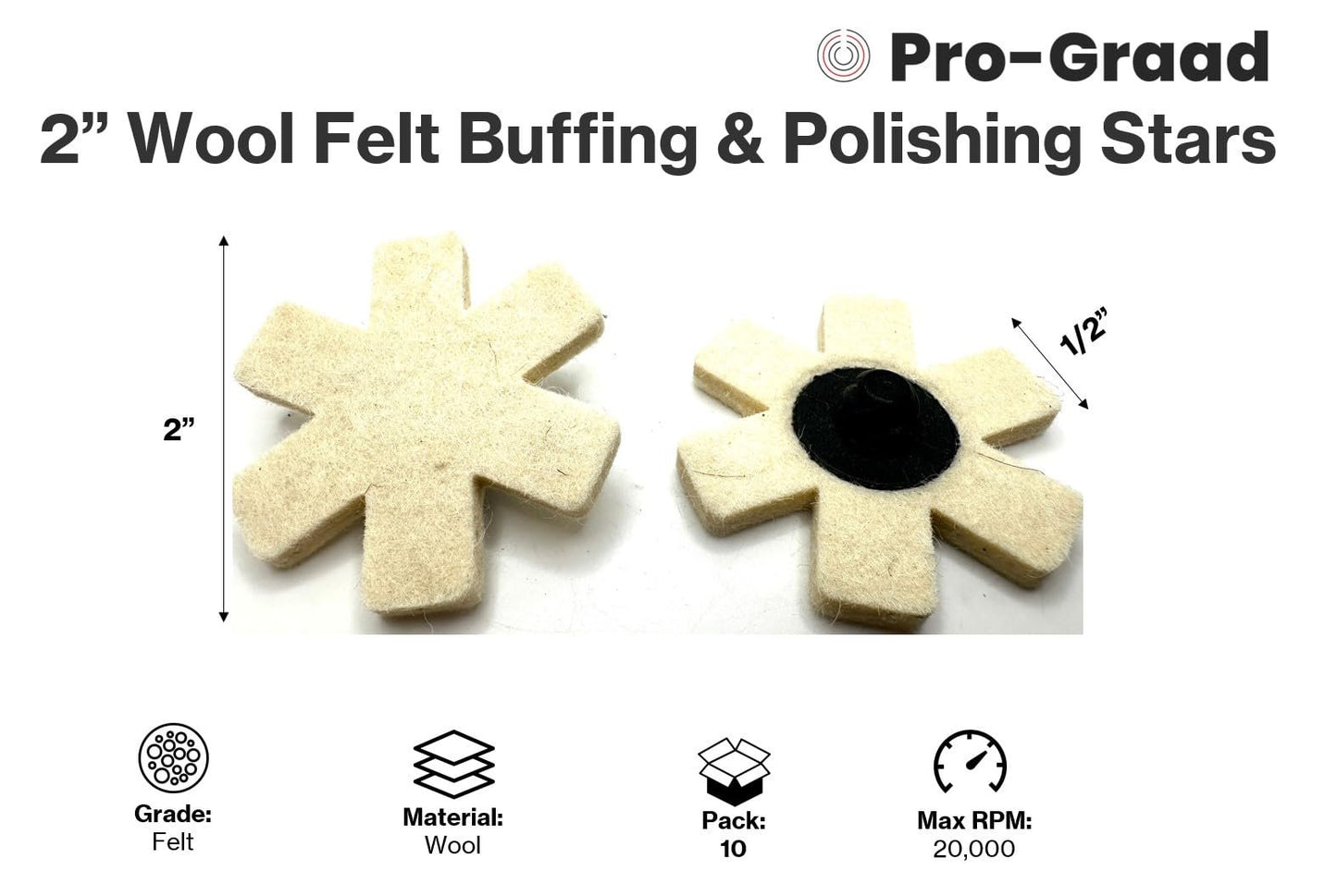 Pro-Graad 10 Pack 2” Wool Felt Buffing & Polishing Stars, Ideal for Buffing & Polishing inside of cylinders, pipe, tubing, Excels on Aluminum, Steel, Titanium - Includes Holder