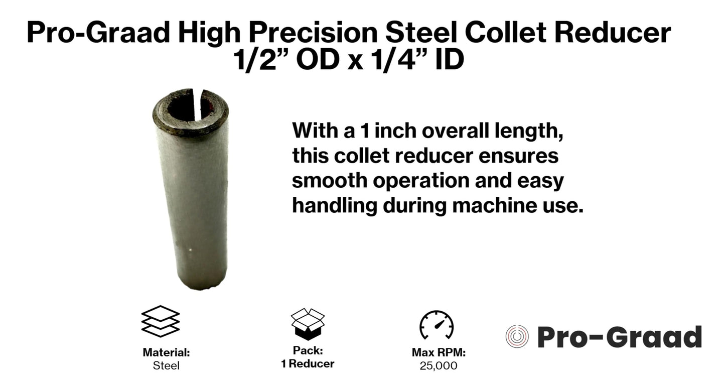 Pro-Graad High Precision Steel Router Collet Reducer, 1/4" OD x 1/8" ID, CNC Router Bit Collet Reduction Sleeve, Industrial-Grade Steel, 1-Inch Length for Smooth & Reliable Performance