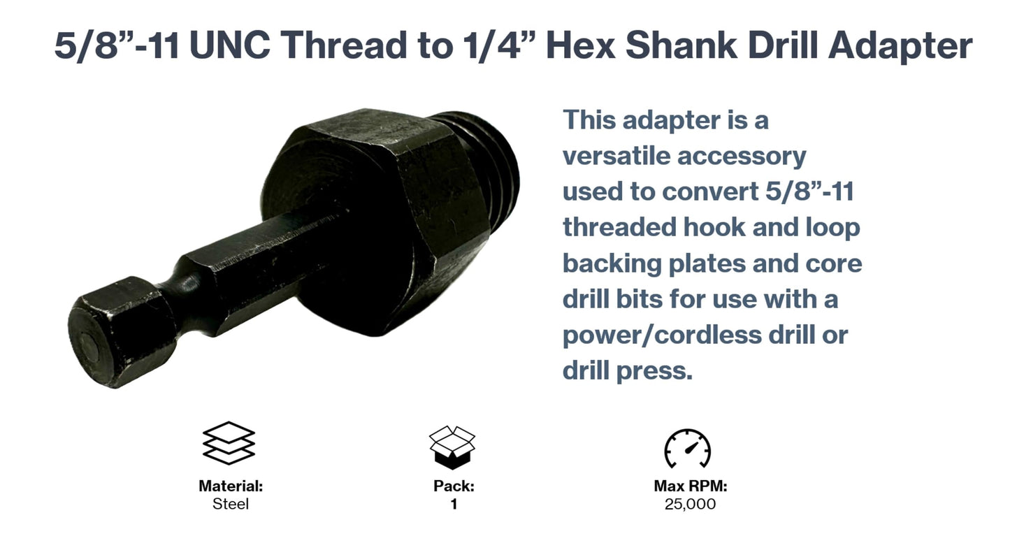Pro-Graad DA3 5/8" to 1/4" Hex Drill Adapter Converts 2" to 6" Polisher Pad Backing Plates or Core Drill Bit with 5/8”-11 UNC Thread to 1/4" Hex Shank for Use with Drills and Drill Press (1 Pack)