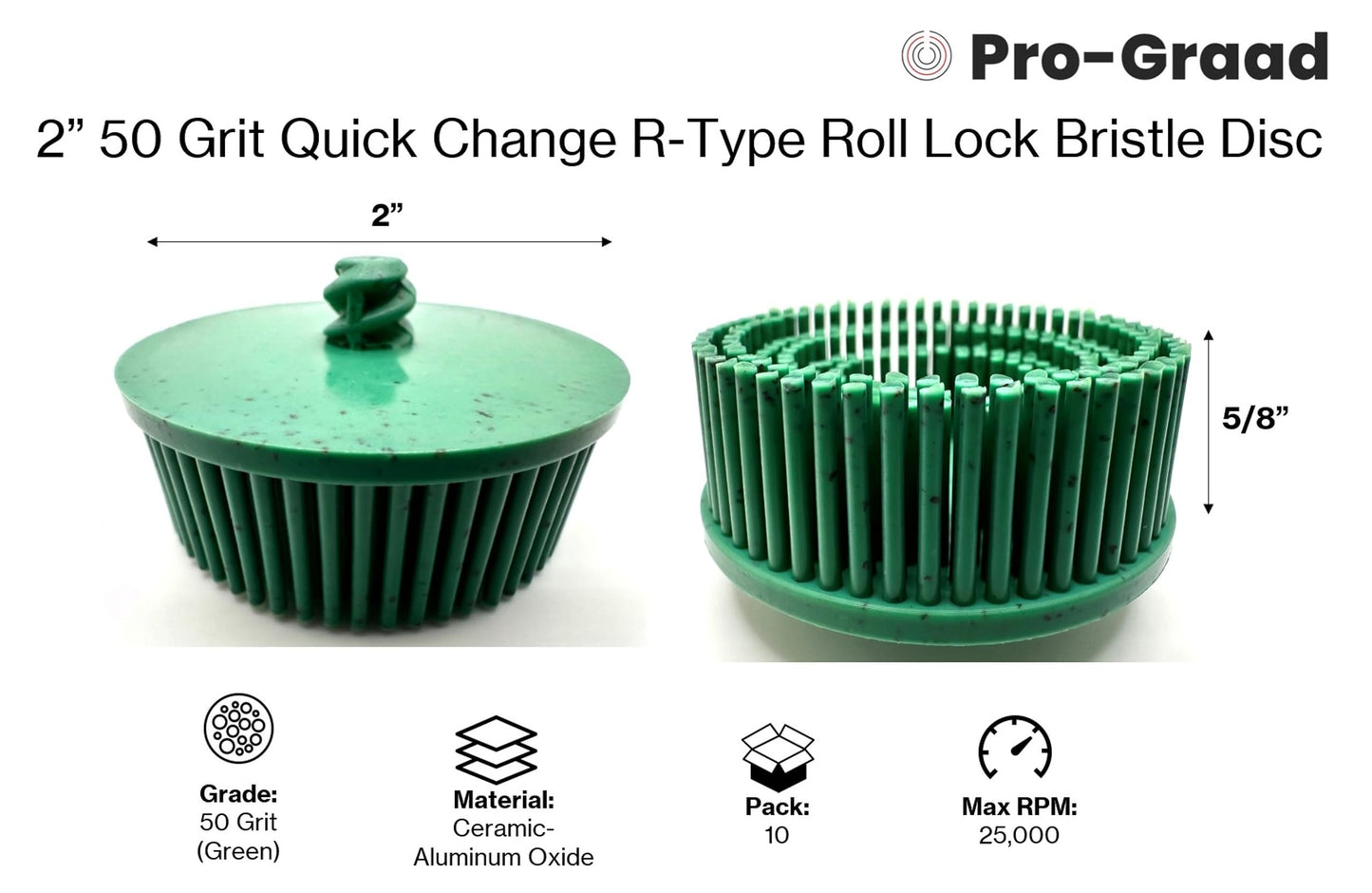 SuperGrindz 10 Pack 2" 50 Grit Green R-Type Bristle Discs - Premium Ceramic-Aluminum Oxide Abrasive | Quick Change Roll Lock | High-Performance Green Bristle Discs