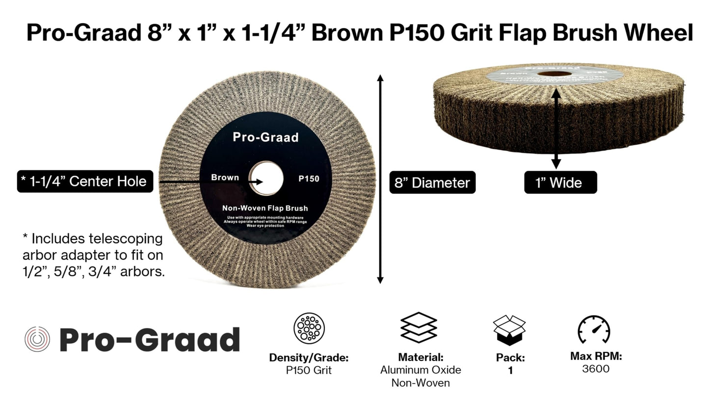 8” x 1” Brown P150 Cut & Polish Non-Woven Bench Grinder Polishing Burnishing Satin Finishing Flap Brush Wheel, Aluminum Copper Metal Golf Club Refurb, Compatible for 1/2”, 5/8”, 3/4" Arbor