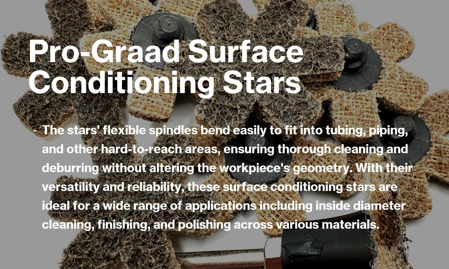 Pro-Graad 10 Pack 3” Coarse Quick Change Surface Conditioning Stars, Ideal for Deburring, Polishing, Blending inside of cylinders, pipe, tubing, Excels on Aluminum, Steel, Titanium - Includes Holder