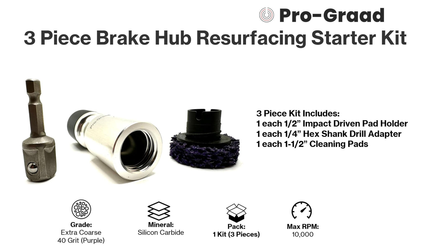 Pro-Graad Brake Hub Cleaning Pad Holder 3 Piece Kit – Impact Driven Surface & Stud Cleaner Holder with 1-1/2” Cleaning Pad, and Drill Adapter – Perfect for Hub, Rotor, Wheel Rust Removal