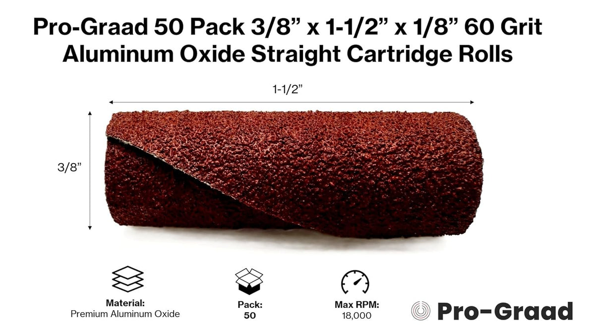 Pro-Graad 3/8” Diameter x 1-1/2” Length x 1/8” Pilot Hole 60 Grit Aluminum Oxide Straight/Untapered Cartridge Roll, 50 Pack, Includes 1x CR-9 Mandrel