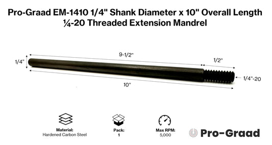 Pro-Graad EM-1410 10” Extension Shank for Quick Change Disc Pad Holders & Bore Polishers, 1/4" Shank Mandrel x 10" Overall Length, 1/4"-20 Thread Size, Compatible with Roll Lock, TR, TS Holders