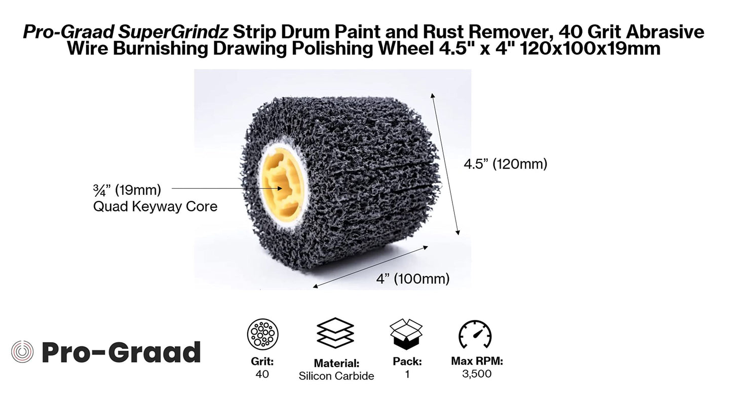 SuperGrindz Strip and Clean Abrasive Drum Paint and Rust Remover, 40 Grit Wire Drawing Polishing Wheel for Metal Wood Surface Conditioning Clean Descale Welds Oxidation Removal, 4.5" x 4" 115x100x19mm