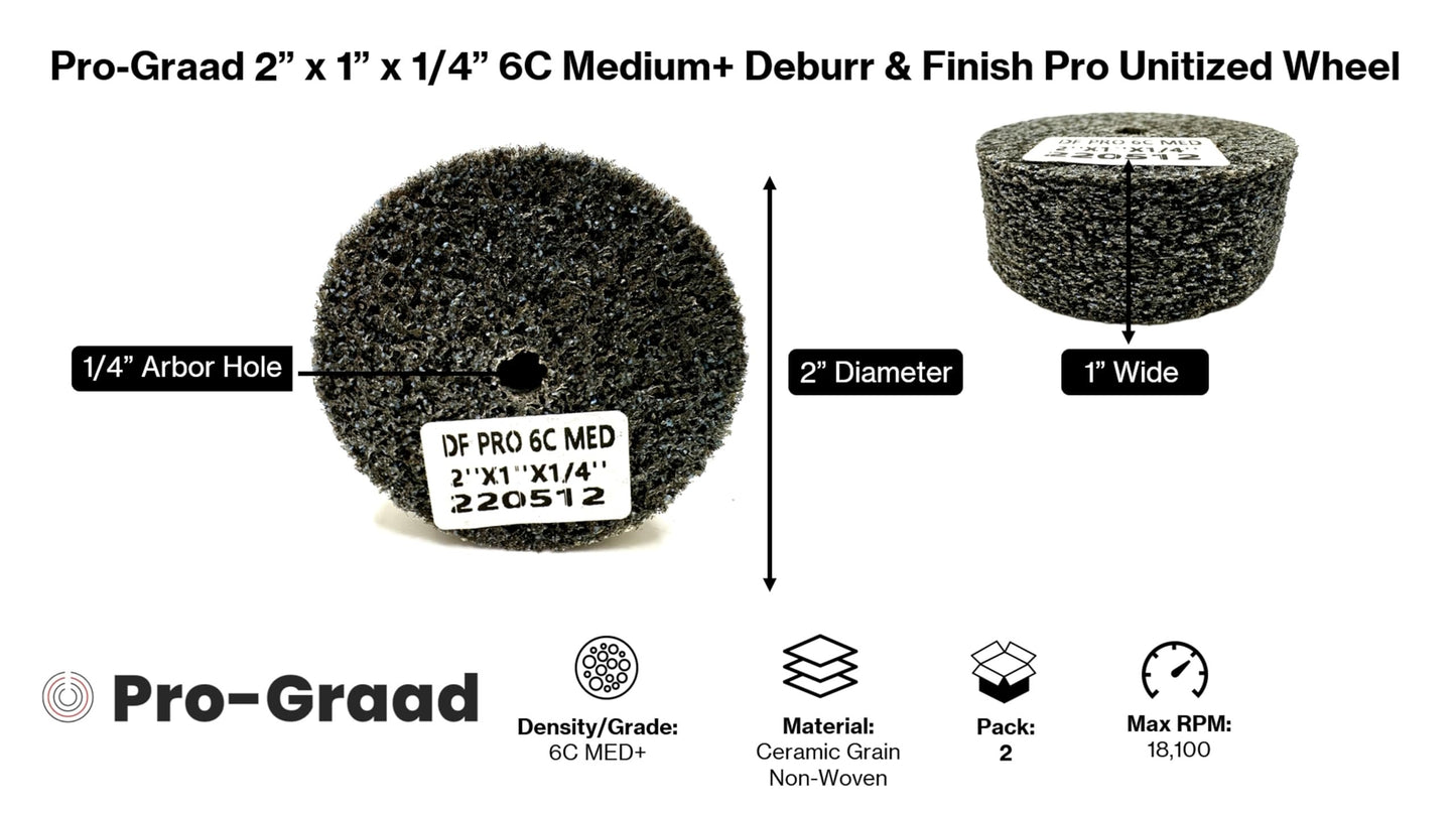 Pro-Graad 2 Pack 2” x 1” x 1/4” 6C MED+ Deburr & Finish PRO Unitized Wheel – Fast Burr Removal, Long-Lasting, Minimal Dust, Precision Cutting for Deburring, Finishing & Blending, 65058