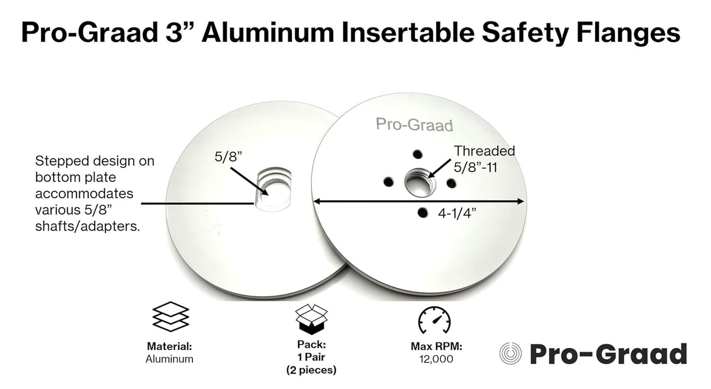 Pro-Graad 3” Aluminum Insertable Safety Flange for Airway Buffing & Polishing Wheels without Center Plates, Self-Tightening Flanges, for use with 5/8”-11 threaded tools and 3” Center Airway Buffs