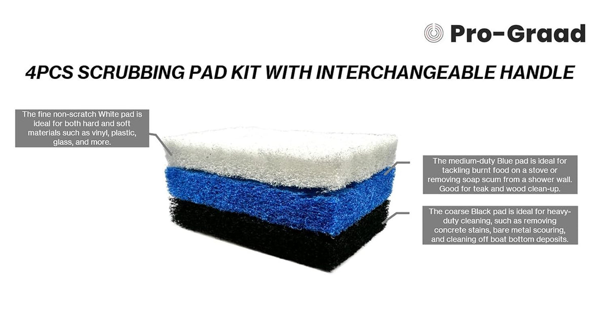 Pro-Graad Scrub Pad with Handle, 3pcs Scrub Pads with Reusable Handle, 3 Different Scrubbing Scouring Pads Kit for Bathroom, Kitchen, Teak, Grill, Boat Hull, Compatible with Star brite Pads