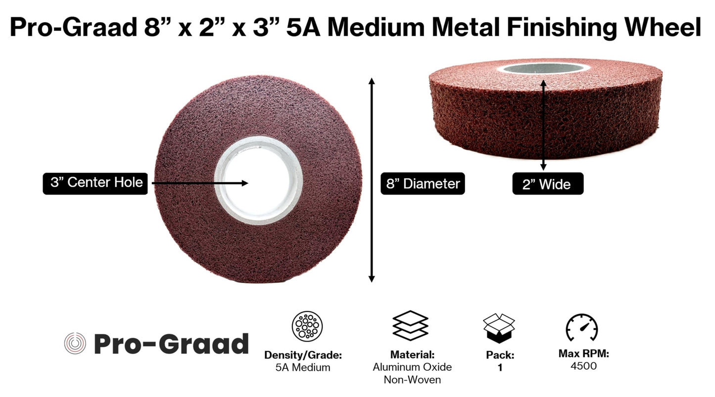 Pro-Graad Metal Finishing Wheel – 8” x 2” x 3” 5A Medium – Aluminum Oxide – Maroon Metal Finish Convolute Wheel – for #3 & #4 Brush, Satin and Mill Finishes – 01876 - Pack of 1
