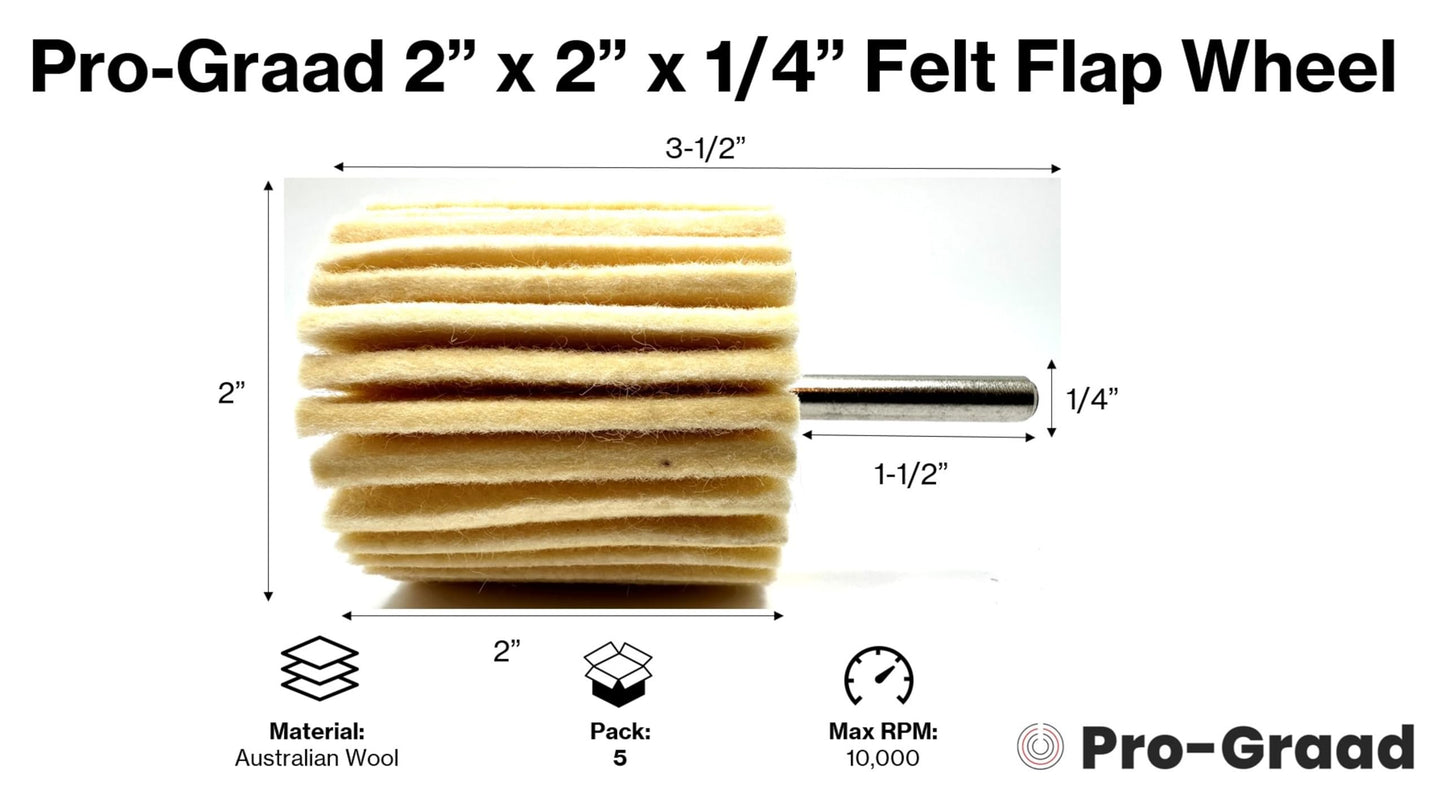 Pro-Graad 5 Pack 2" X 2" Felt Flap Wheel with 1/4" Shank Mounted, Perfect for Surface Finishing, Polishing, Buffing Plastics, Stone, Glass, Steel, Stainless, Aluminum and more, Pack of 5