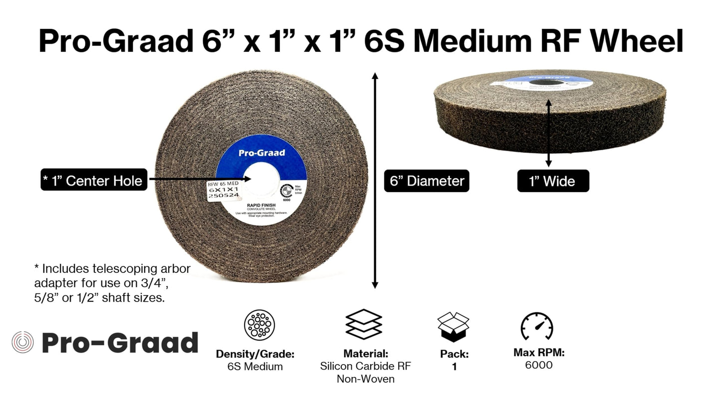 Pro-Graad 1 Pack 6” x 1” x 1” 6S Medium Series 1000 RF Long Life Convolute Deburring, Finishing & Polishing Wheel, Includes Adapter for use on 3/4 5/8 1/2 inch Shaft Sizes, Pack of 1