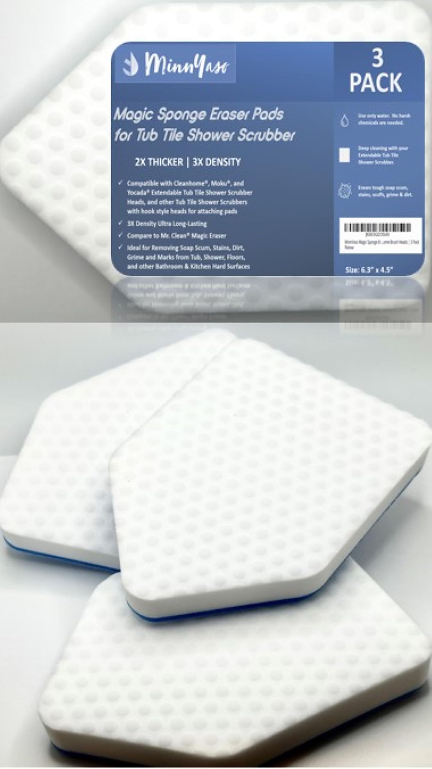 MinnYaso Magic Sponge Eraser Pads Fit Extendable Tub Tile Scrubber Brush | Magic Sponge Eraser Cleaning Scrubber Refill Replacement Pads | Compatible with Moku, Yocada & Cleanhome & others | 3 Pack