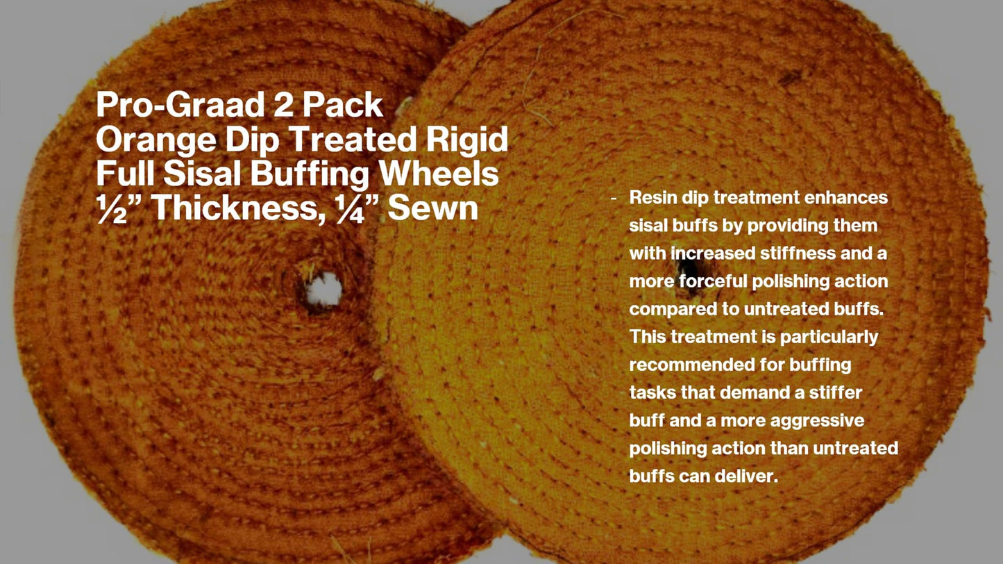 Pro-Graad 6" Orange Dip Treated Hard Rigid Sisal Buffing Wheel – 1/2" Arbor Hole, 1/2" Thick, 1/4" Sewn – Heavy-Duty Cut Buffing & Polishing for Steel, Stainless Steel, & Ferrous Metals -2-Pack