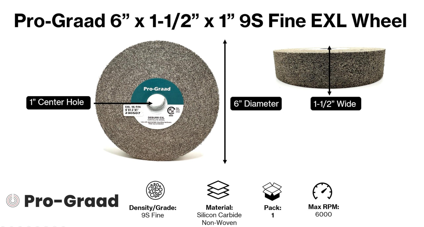 Pro-Graad EXL Deburring Wheel - 6" x 1-1/2" x 1" 9S Fine Grit - Silicon Carbide - Metal Deburring, Finishing and Polishing Wheel - Convolute - (1 Pack)