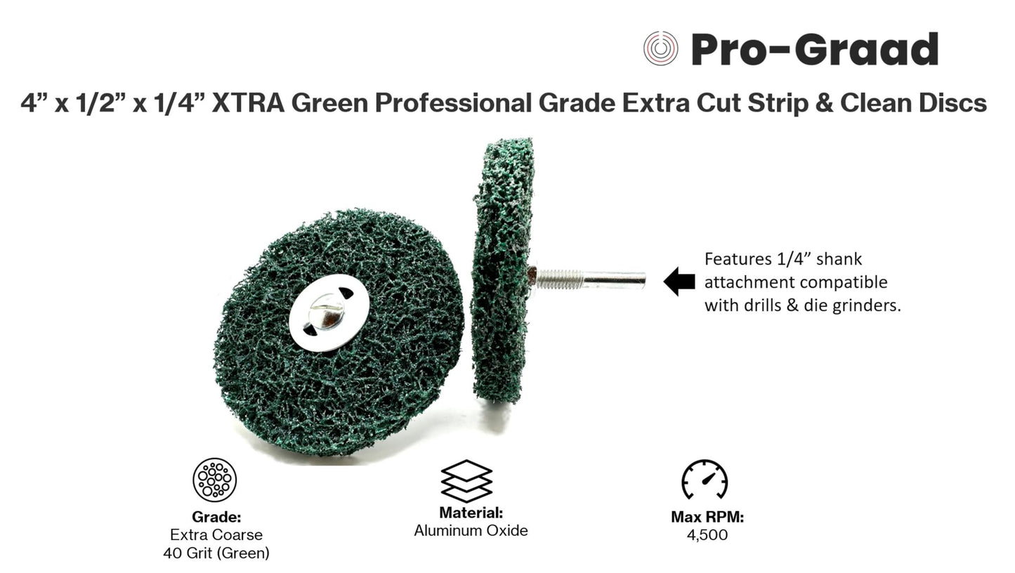 Pro-Graad 2 Pack 4” x 1/2” x 1/4" Shaft Clean & Strip XT Pro Extra Cut Disc, Extra Coarse Aluminum Oxide, Remove Heavy Rust Paint Coating Corrosion, Green, 21665, Pack of 2