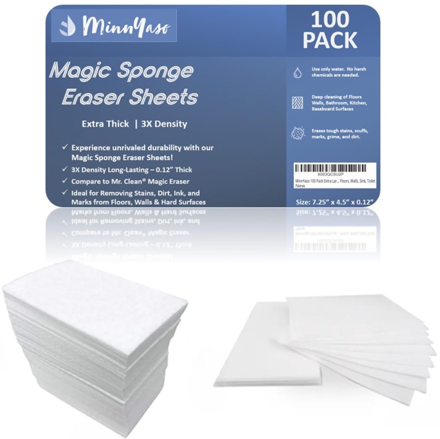 MinnYaso 100 Pack Extra Large - Extra Thick - Super Durable Magic Sponge Eraser Sheets 7.25" x 4.5" x 0.12" | All Purpose Household Cleaner Pads for Kitchen, Bathroom, Floors, Walls, Sink, Toilet