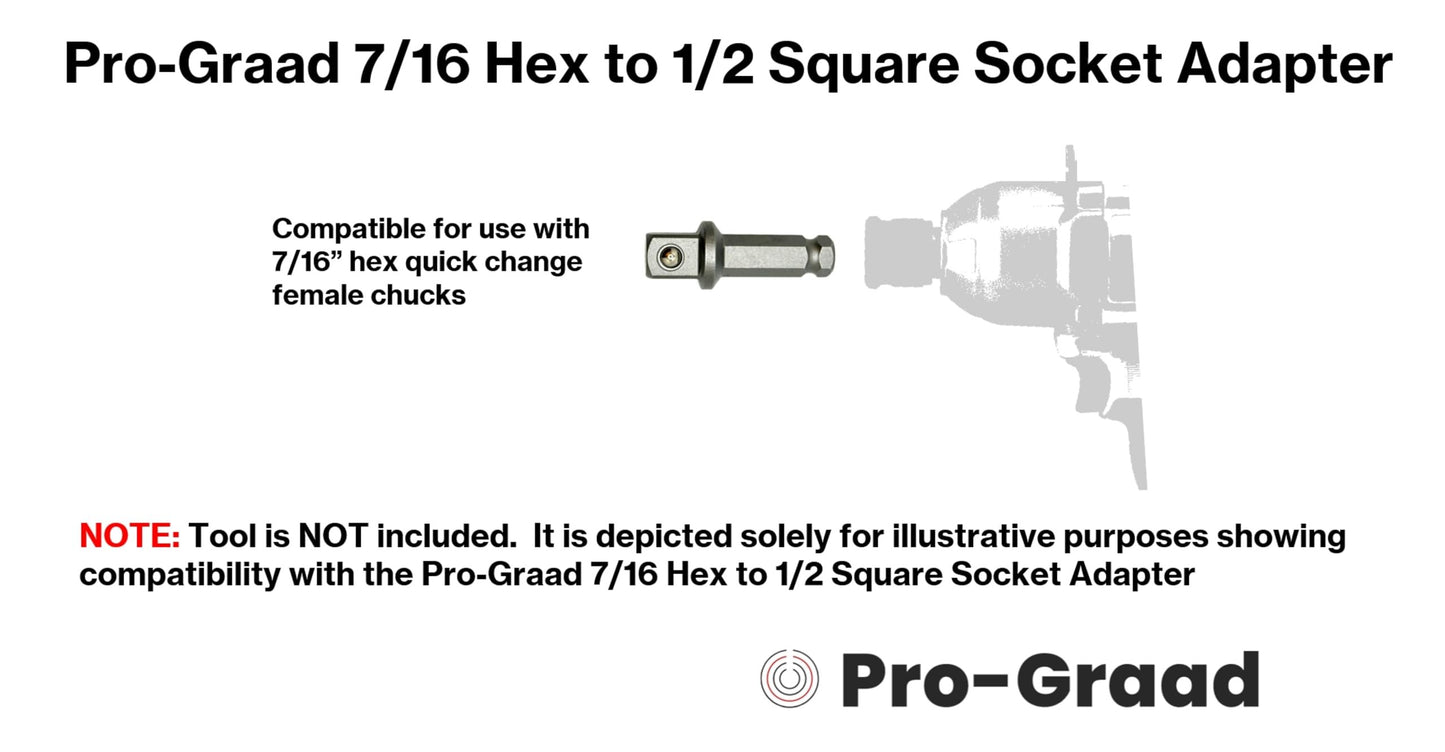 Pro-Graad 7/16" Hex to 1/2" Square Socket Adapter Drive Converter, Impact Driver Bit, Spring Ball Retainer, 2" Extension, Works with 7/16" Impact Driver & 1/2" Electric Drill