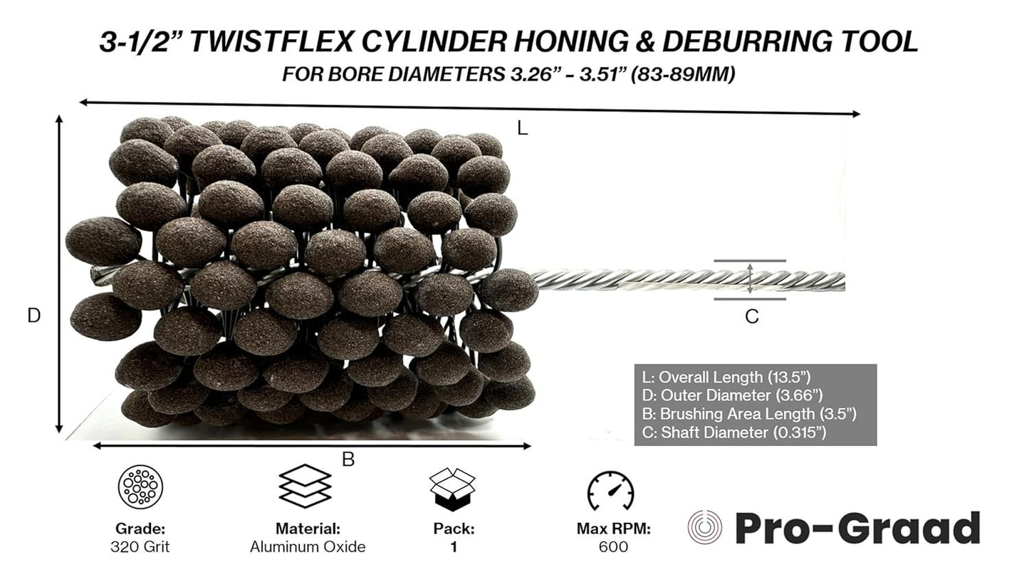 Pro-Graad TwistFlex Cylinder Hone | 3-1/2" 320AO for Brake Cylinders, Valve Guides, Hydraulics, 3.5" Diameter for Hole Diameters 3.26"- 3.51" | Aluminum Oxide 320 Grit | 0.315" Shank | 13.5" Length
