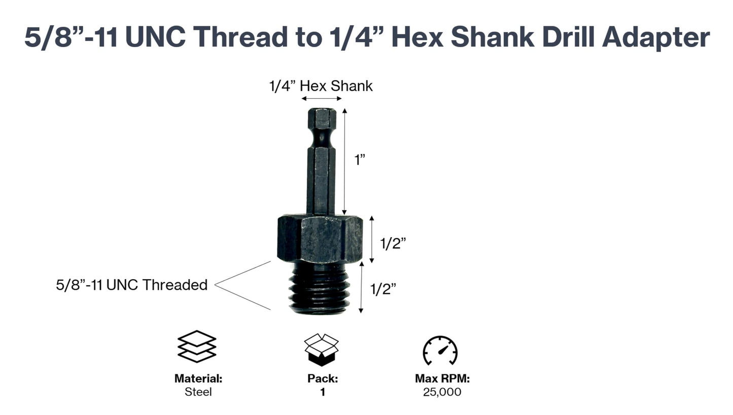 Pro-Graad DA3 5/8" to 1/4" Hex Drill Adapter Converts 2" to 6" Polisher Pad Backing Plates or Core Drill Bit with 5/8”-11 UNC Thread to 1/4" Hex Shank for Use with Drills and Drill Press (1 Pack)