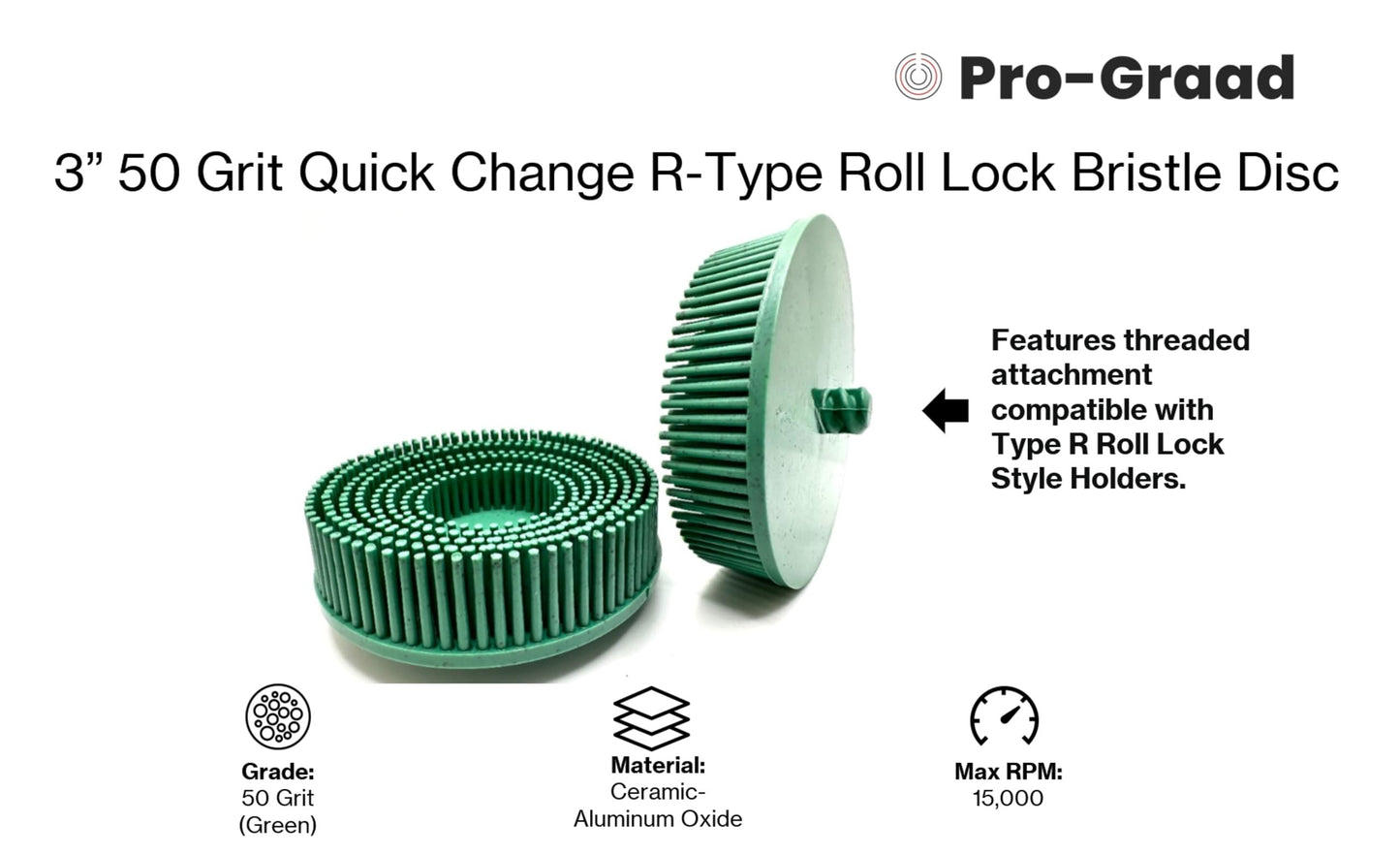 Pro-Graad 5 Pack 3" 50 Grit Green R-Type Bristle Disc | Ceramic-Aluminum Oxide Abrasive Bristle Disc with Quick Change Roll Lock | Pack of 5 | Green
