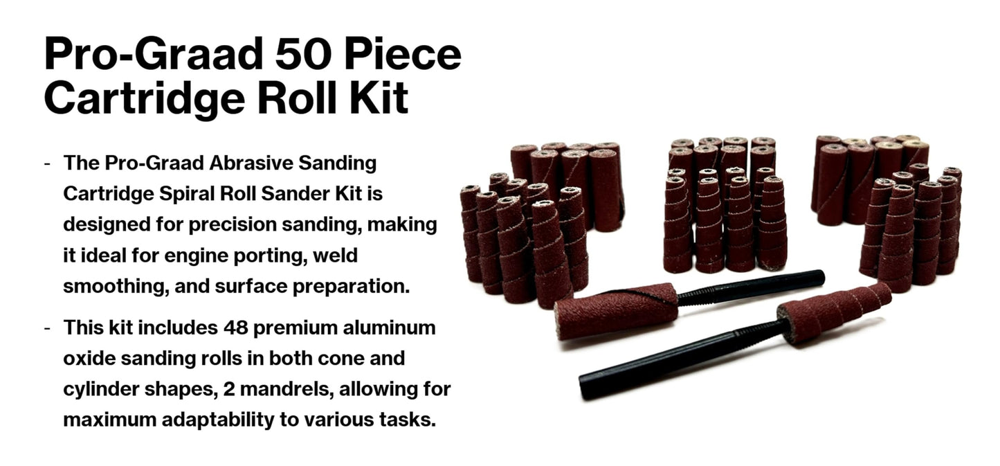 Pro-Graad 50 Piece Abrasive Sanding Cartridge Spiral Roll Sander Kit, Mini Cone & Cylinder Kit for Metal, Wood, Stainless, Fiberglass, Welds, Engine Porting – Die Grinder & Rotary Tool Accessories